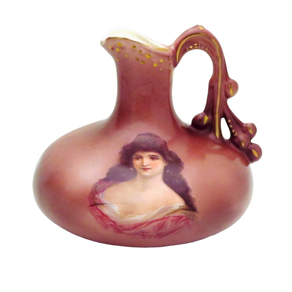 Antique Victorian 1890s Austria Enamel Portrait of Woman Mini Pitcher Vase
